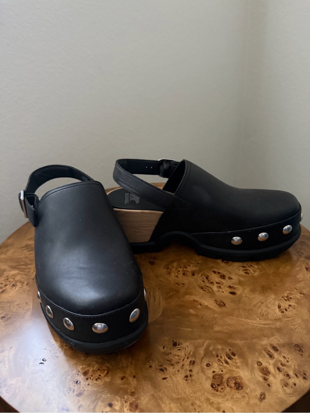 Sorel Black Leather Studded Clogs with Back Strap